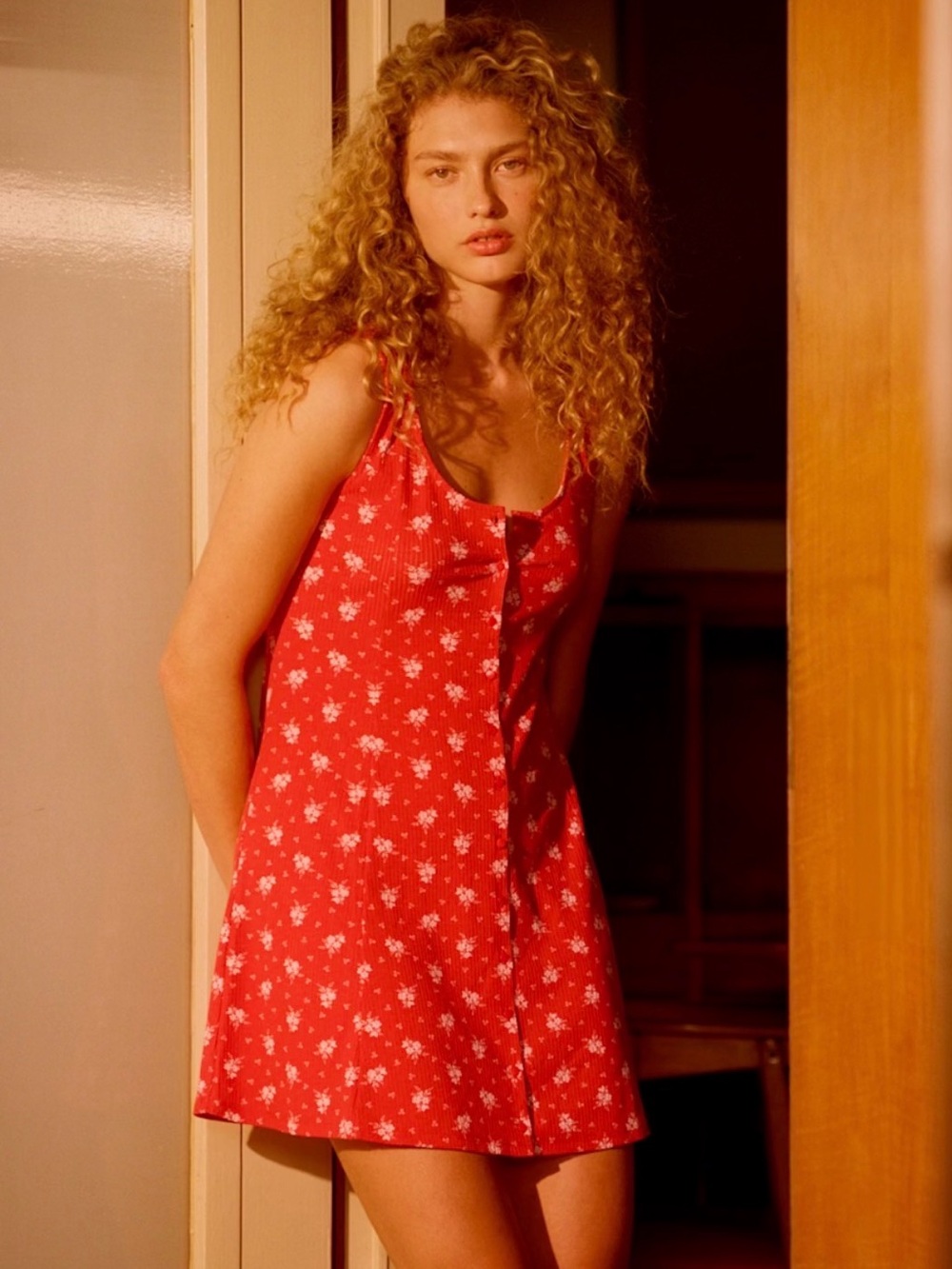 NTW Sezane Red Floral Button-Front Slip Dress - Size small